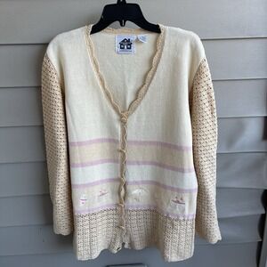 Storybook Knits Cardigan L Beige Pink Castle Vacation Crochet Shells Art To Wear